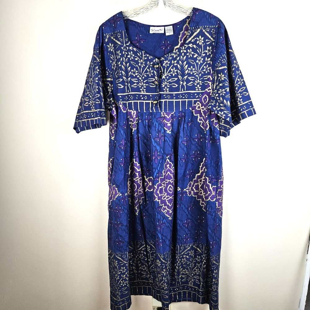 Sante Classics House Dress Women L Blue Purple MuuMuu Kaftan Pockets Cotton